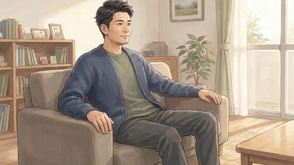 シンプルな部屋のソファで穏やかにくつろぐ男性