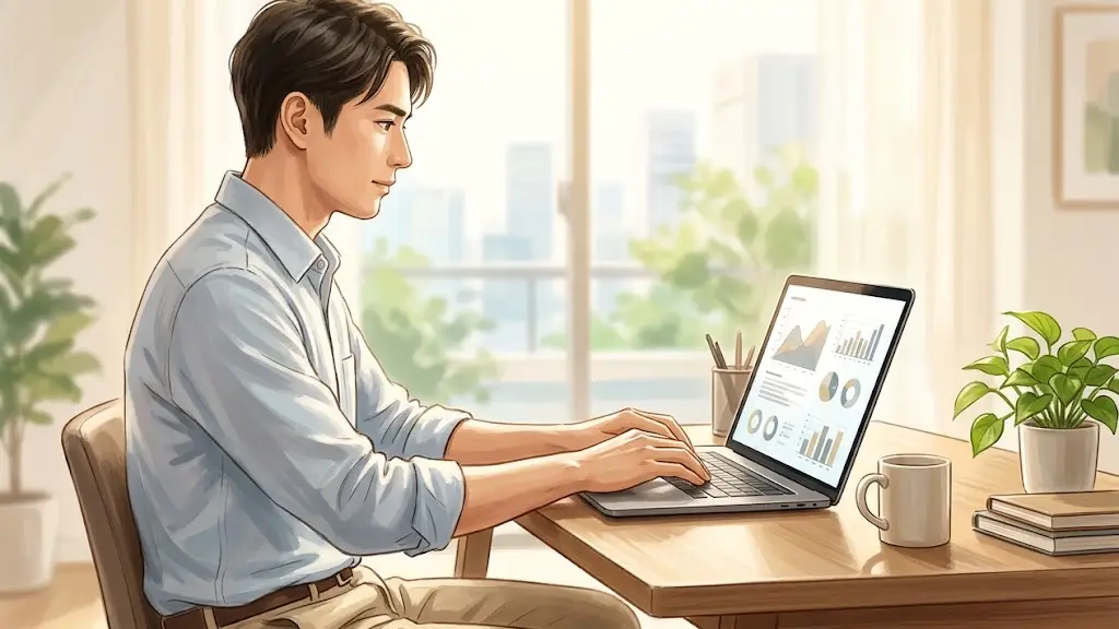 ノートパソコンを開いて作業をする日本人男性の横顔
