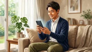 ソファに座りスマートフォンで資産を確認する日本人男性