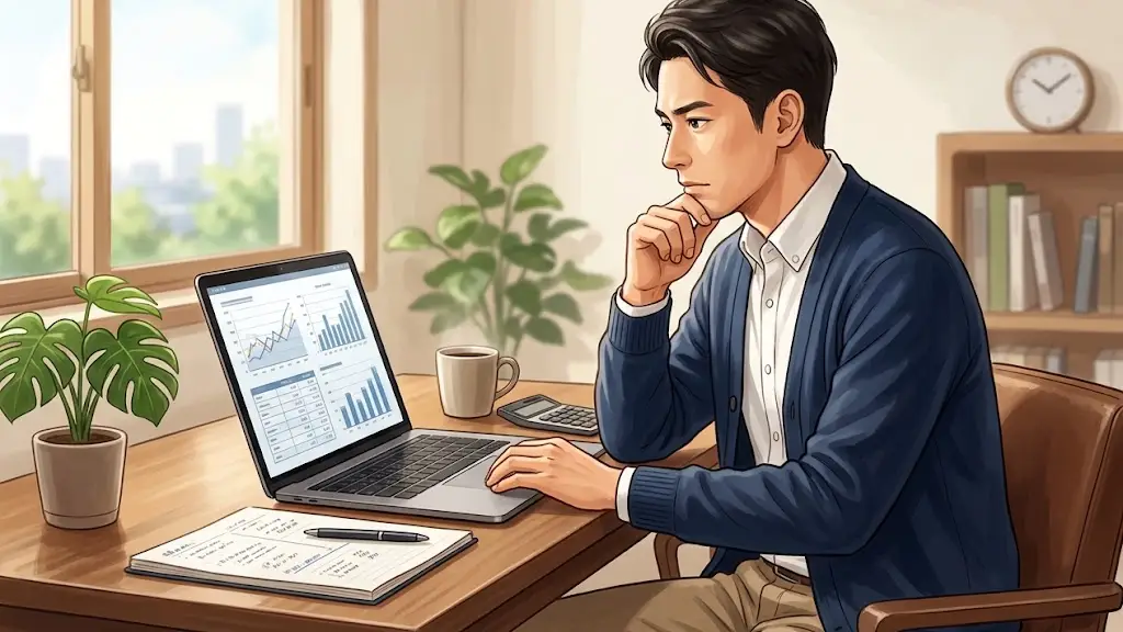 真剣な表情でノートパソコンの画面を見つめる日本人男性