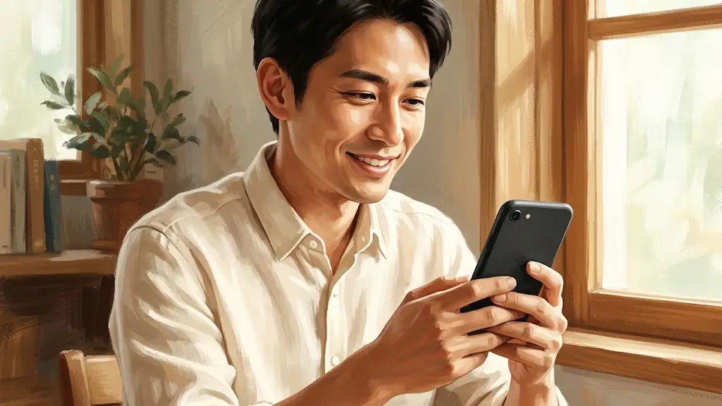 手元のスマートフォンを見て満足そうに微笑む日本人男性