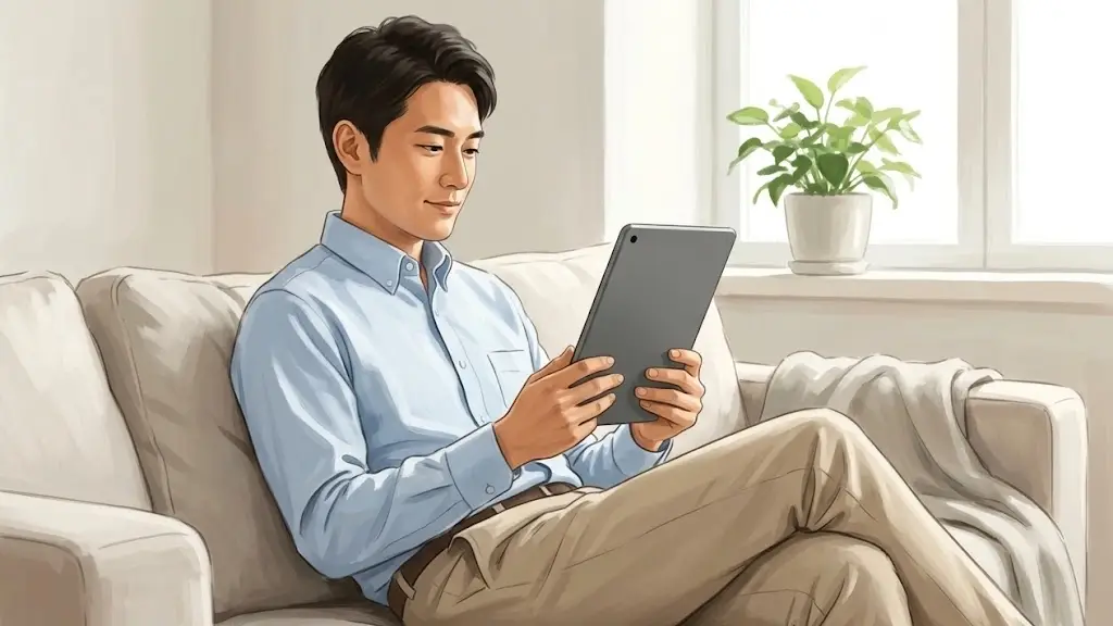 タブレットで月ごとの納付履歴をチェックする男性