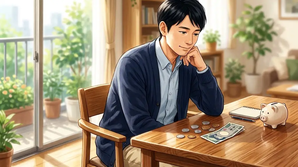 木のテーブルに置かれた少額の紙幣と硬貨を見つめるオフィスカジュアル姿の日本人男性