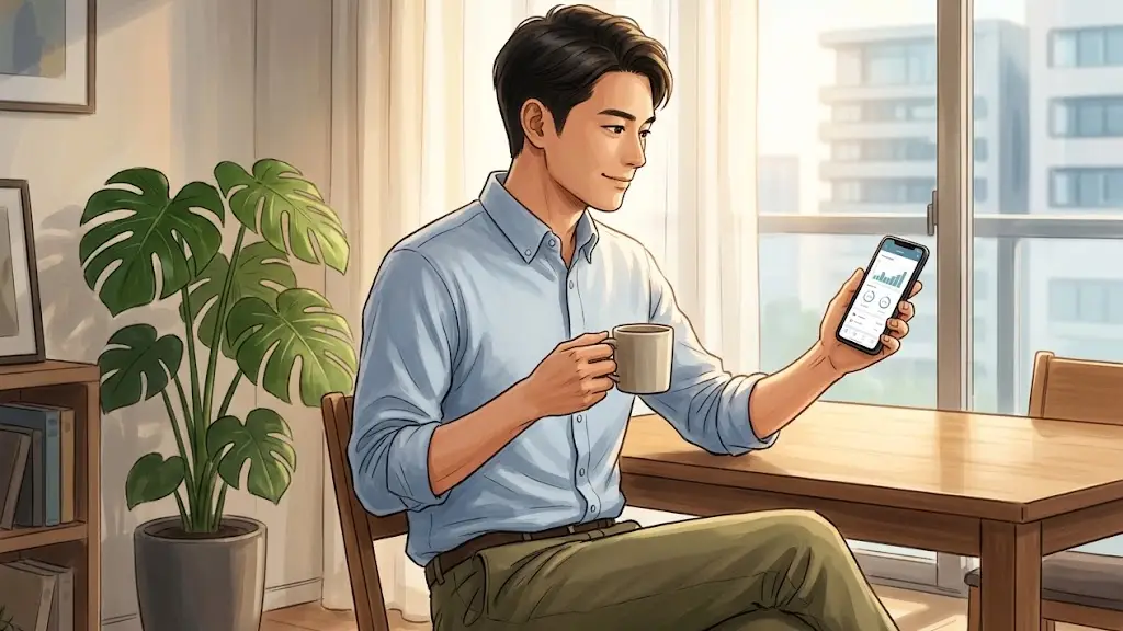 朝の光が差し込む部屋でコーヒーを飲みながらスマートフォンを見る日本人男性