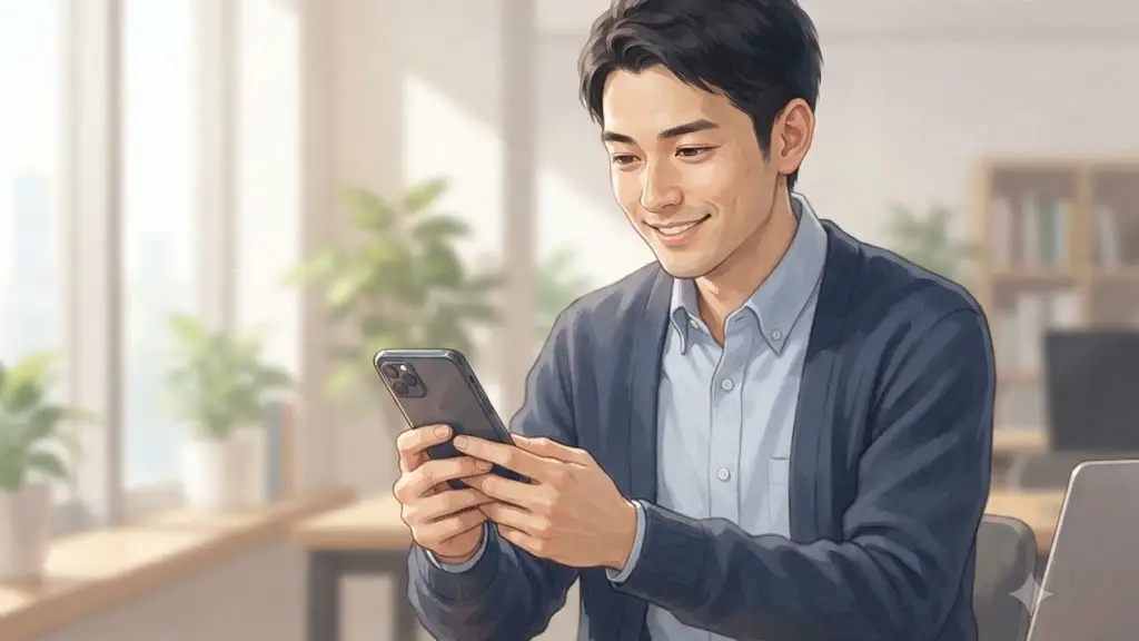 スマートフォンを見ながら笑顔でうなずくオフィスカジュアルの日本人男性