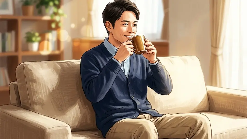 ゆったりとしたソファに座り穏やかな表情でコーヒーを飲んでいるオフィスカジュアル姿の日本人男性