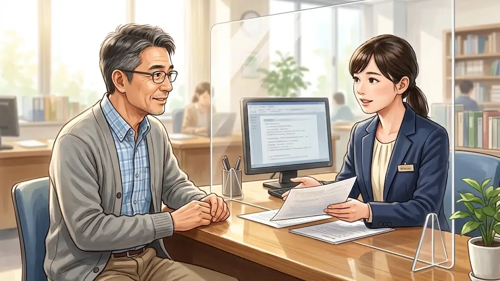 若い女性職員から説明を受ける男性