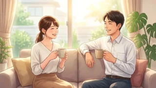 窓から柔らかな光が差し込む部屋でコーヒーを飲みながらくつろぐ男女