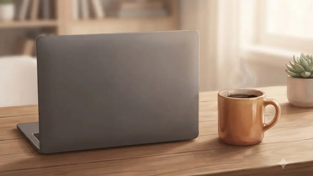 デスクに置かれた閉じたノートPCと温かいコーヒー