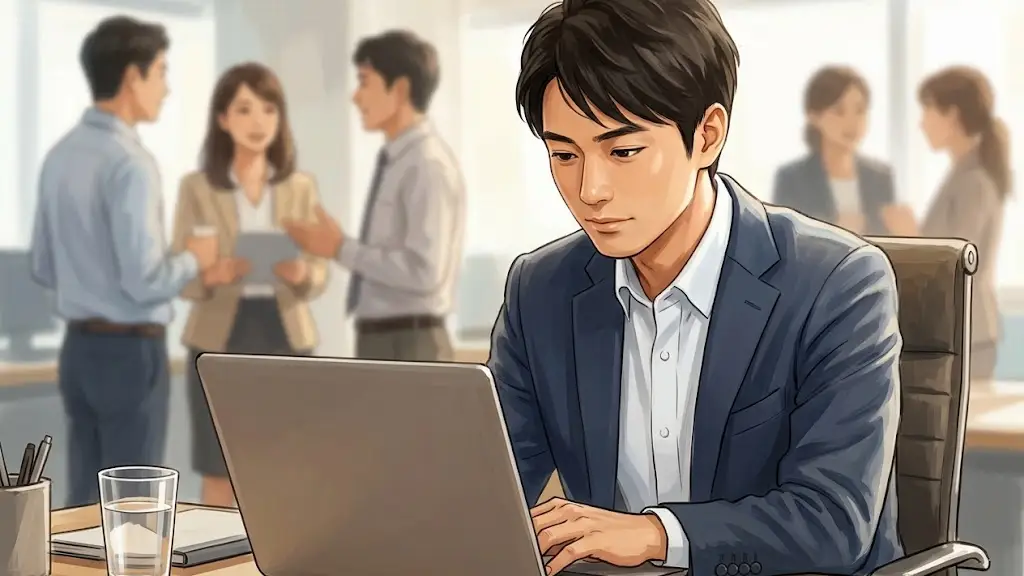 職場のデスクでパソコンに向かいながら周囲の会話を聞き流す男性