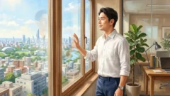 窓の外を眺めながら穏やかな表情で物思いにふける男性