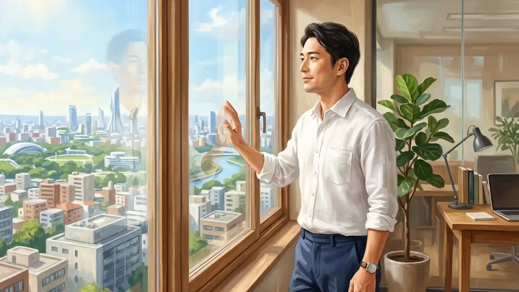 窓の外を眺めながら穏やかな表情で物思いにふける男性