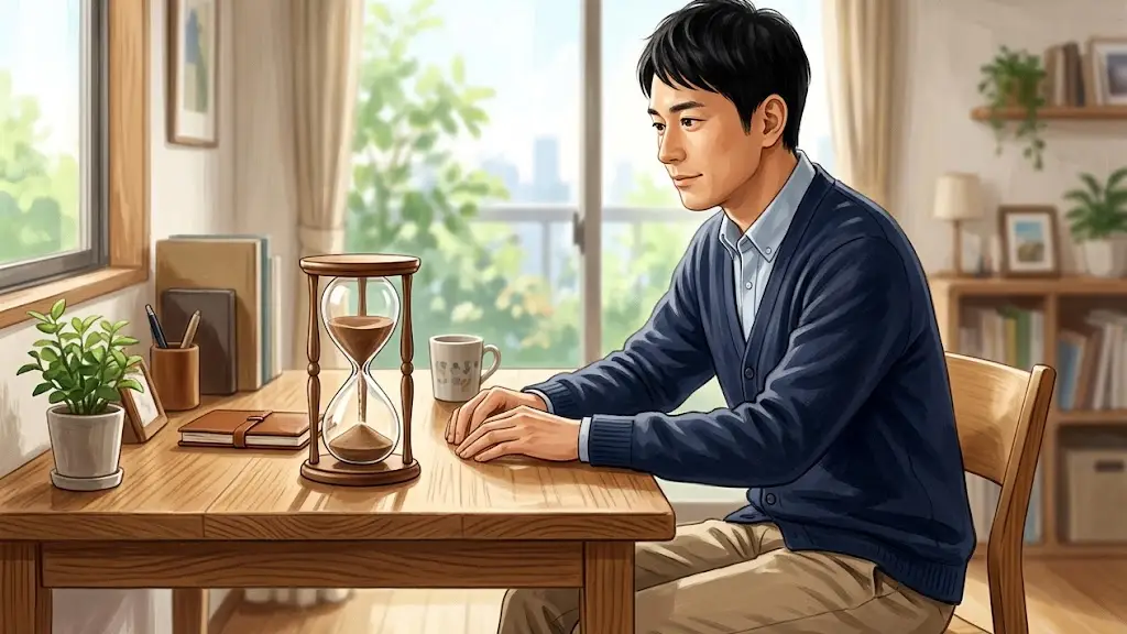 机の上に置かれた砂時計を静かに見つめているオフィスカジュアル姿の日本人男性
