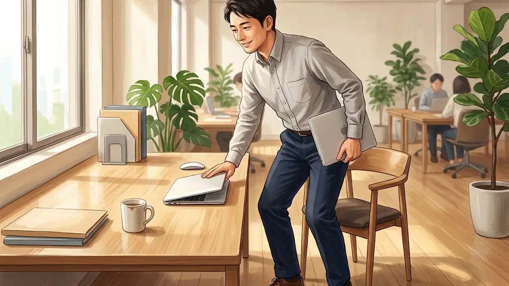ノートPCを閉じて立ち上がるオフィスカジュアル姿の日本人男性