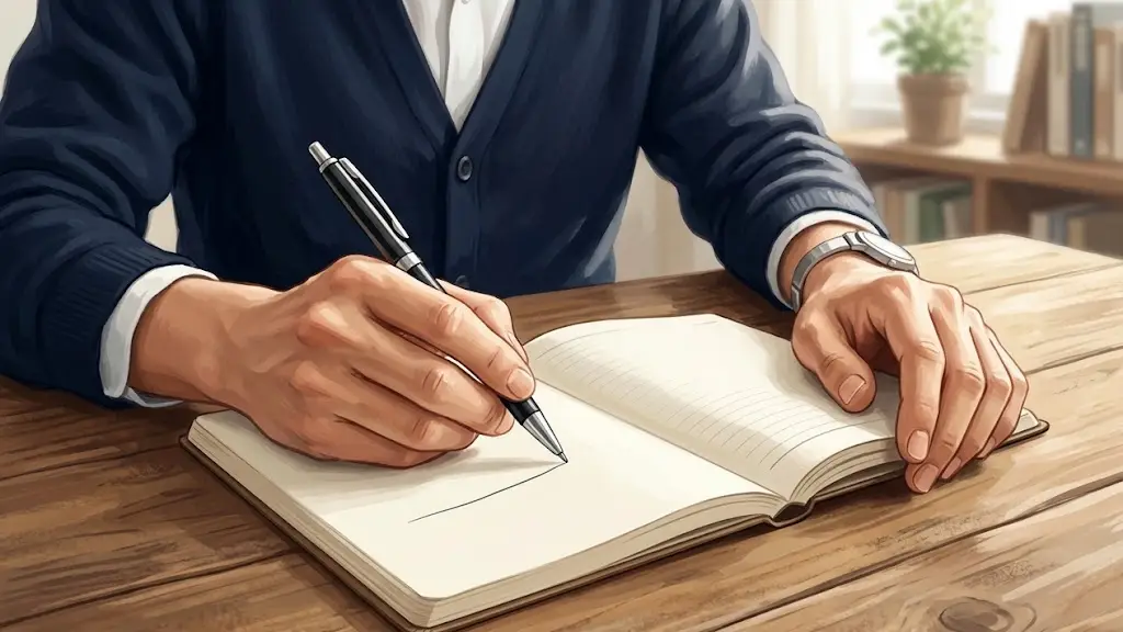 デスクに向かい開いたノートにペンで書き込もうとしている手元