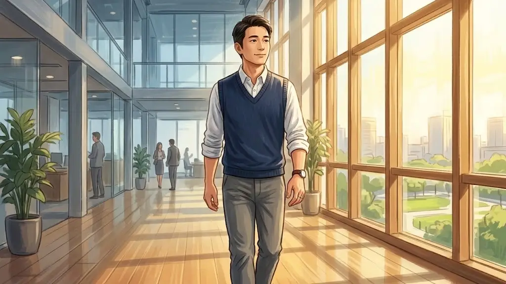明るい日差しが差し込む空間を穏やかに歩いていく日本人男性