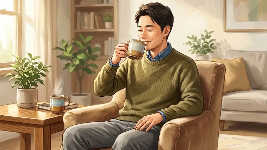 リラックスした様子でコーヒーを飲む男性