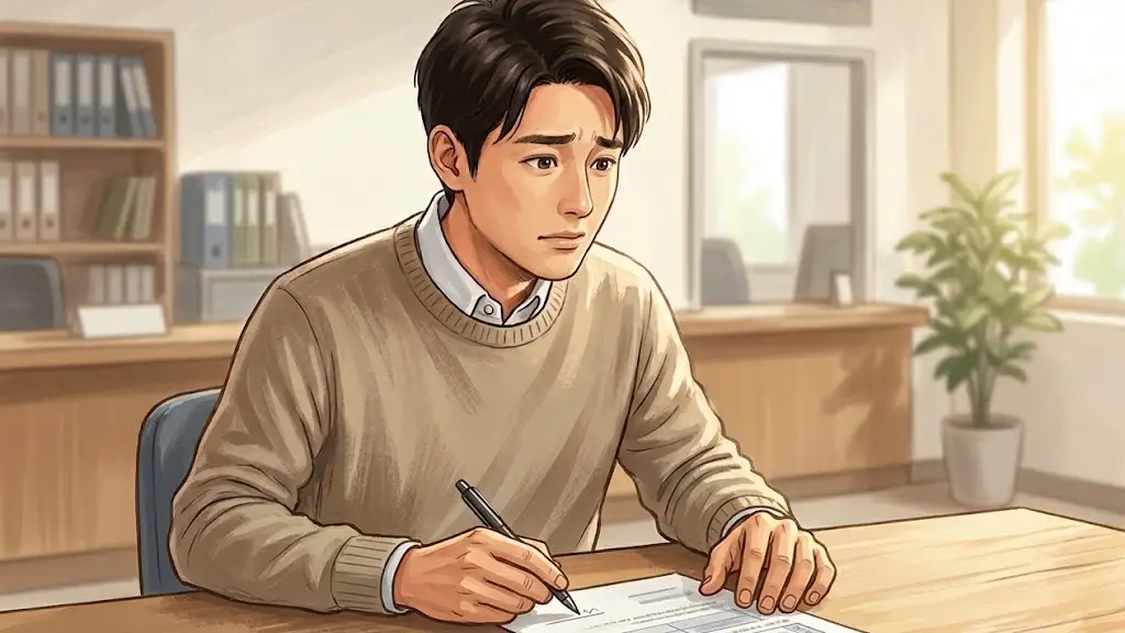 窓口で手元の書類にペンでサインをしながら複雑な表情をする日本人男性