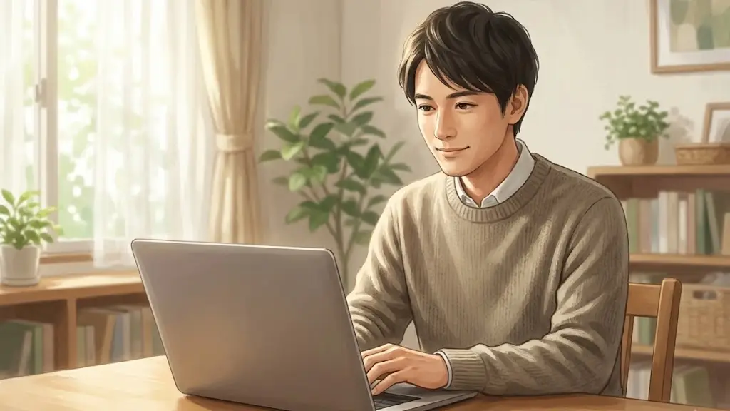 パソコンでねんきんネットを利用して将来の受給額を確認する男性