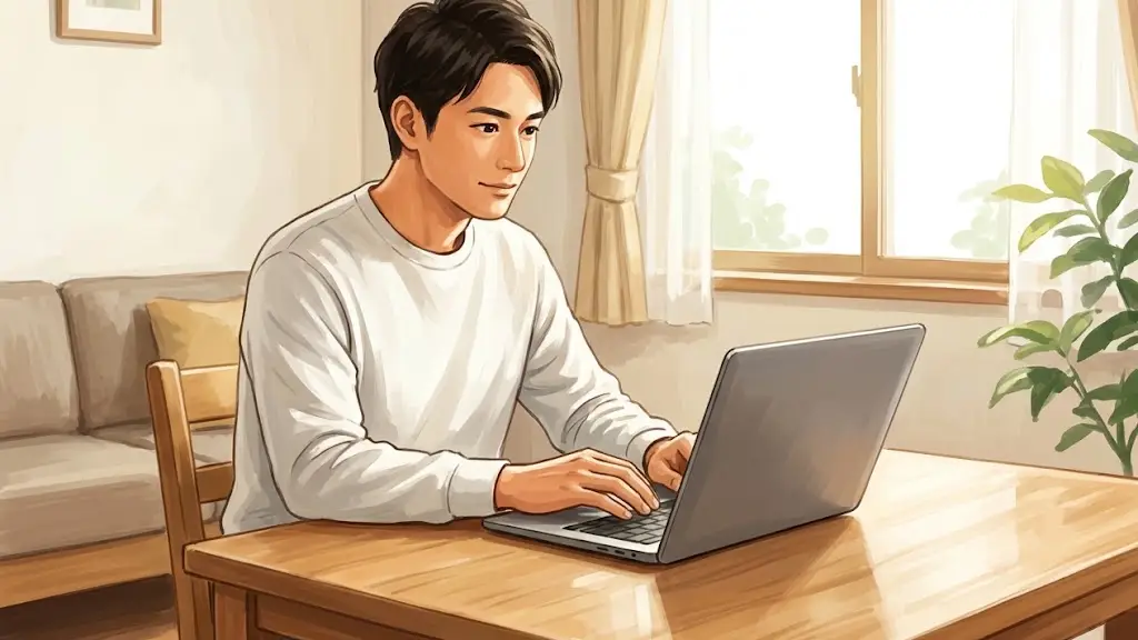 明るい室内の木製デスクでノートパソコンを開いて操作する日本人男性