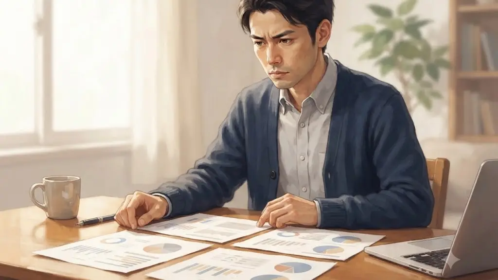 デスクに広げた数枚の書類を真剣な表情で見比べる日本人男性