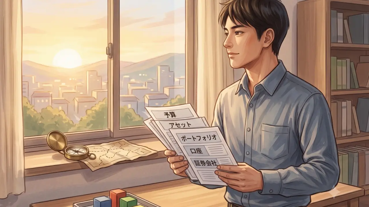 予算やポートフォリオと書かれた書類を手に持ち、窓の外の景色を眺める男性のイラスト