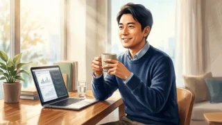 デスクのノートPCを前にコーヒーカップを持ちリラックスする日本人男性