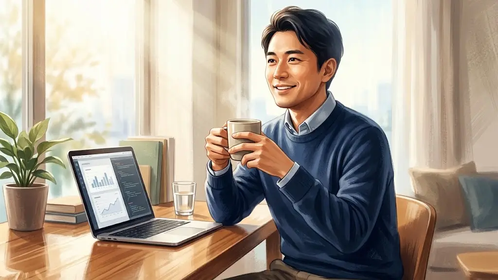 デスクのノートPCを前にコーヒーカップを持ちリラックスする日本人男性