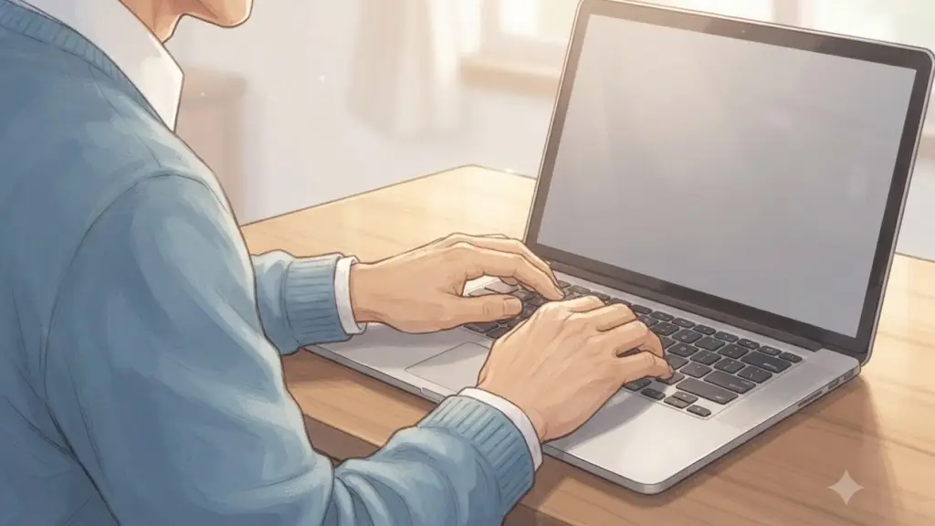 ノートパソコンのキーボードでタイピングをする男性の手元