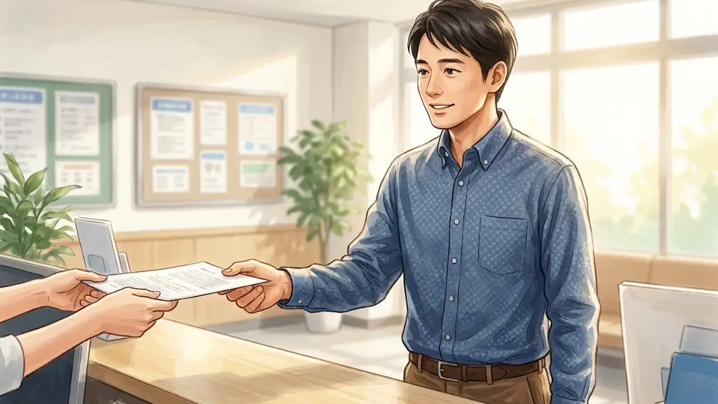 窓口で書類を受け取り安堵した表情を見せる男性
