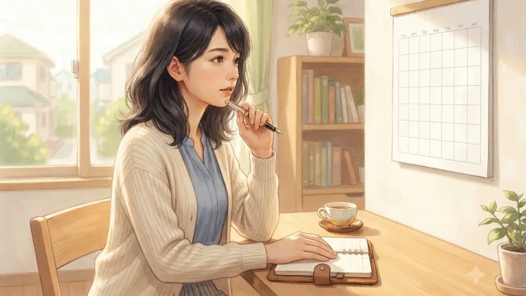壁掛けカレンダーを見つめながらペンを手に考え事をするオフィスカジュアルの日本人女性
