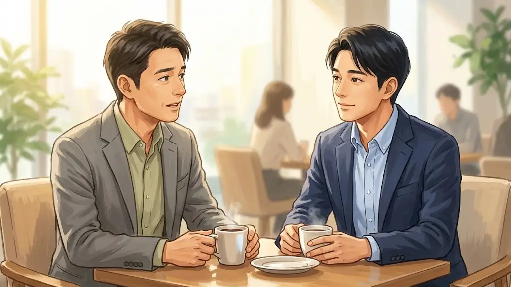 落ち着いたカフェで親しい友人と向かい合い和やかに話す男性