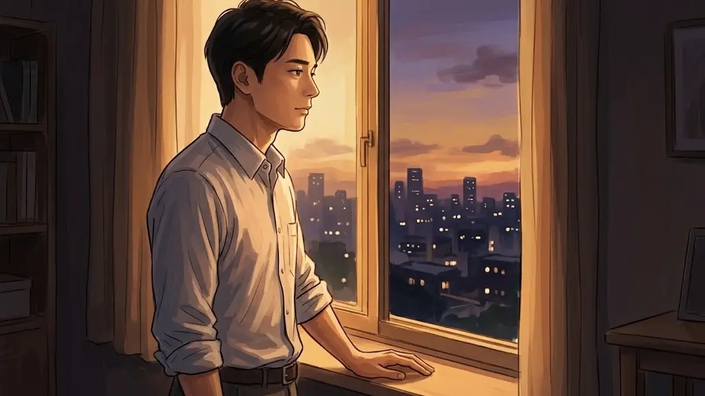 夕暮れの窓辺で遠くを見つめる男性