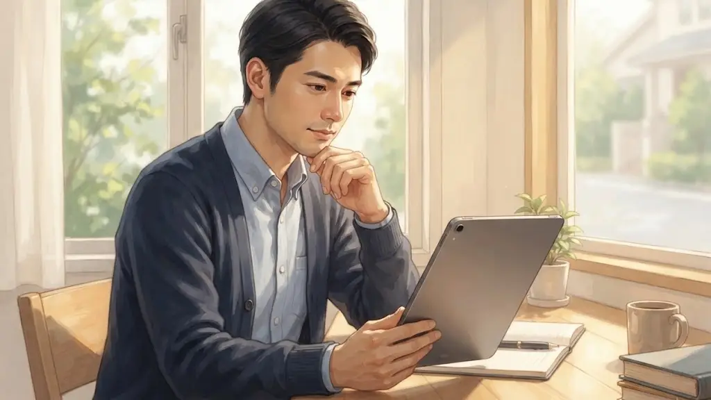 窓際の明るいデスクでタブレット端末を見つめて考え込む日本人男性