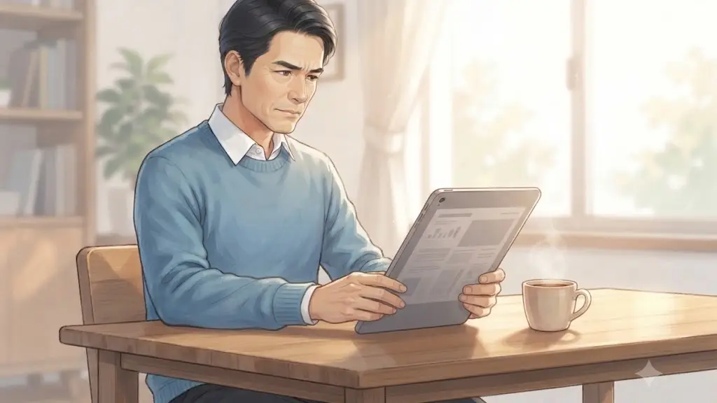 タブレット端末で資料を読んでいる男性