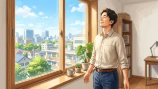 晴れた窓辺で深呼吸をするオフィスカジュアル姿の日本人男性