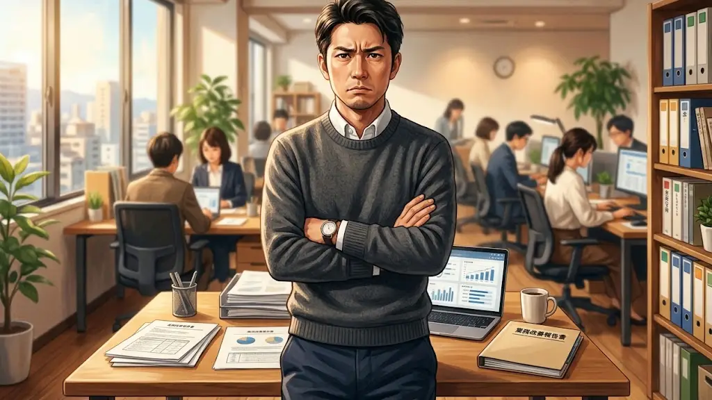 険しい表情で腕を組むオフィスカジュアル姿の日本人男性