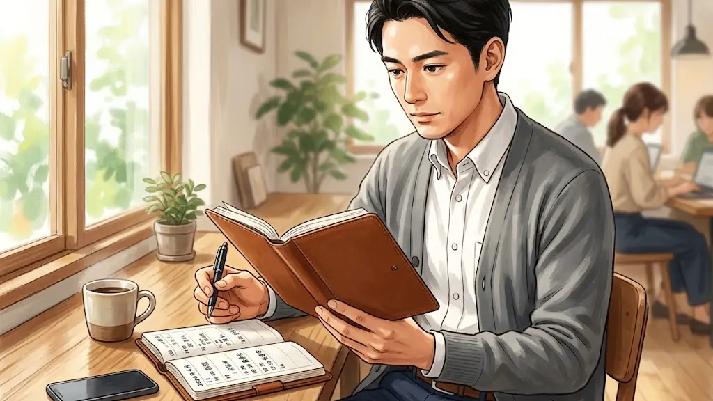 新しい手帳を開いて予定を確認するオフィスカジュアル姿の日本人男性