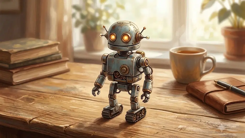 机の上に置かれた書類の隣で小さな金属製のロボットの置物が静かに佇んでいる様子