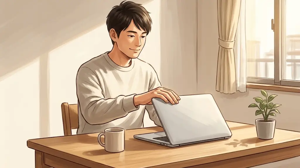 すっきりと片付いたデスクの前で作業を終えてノートパソコンを閉じる日本人男性