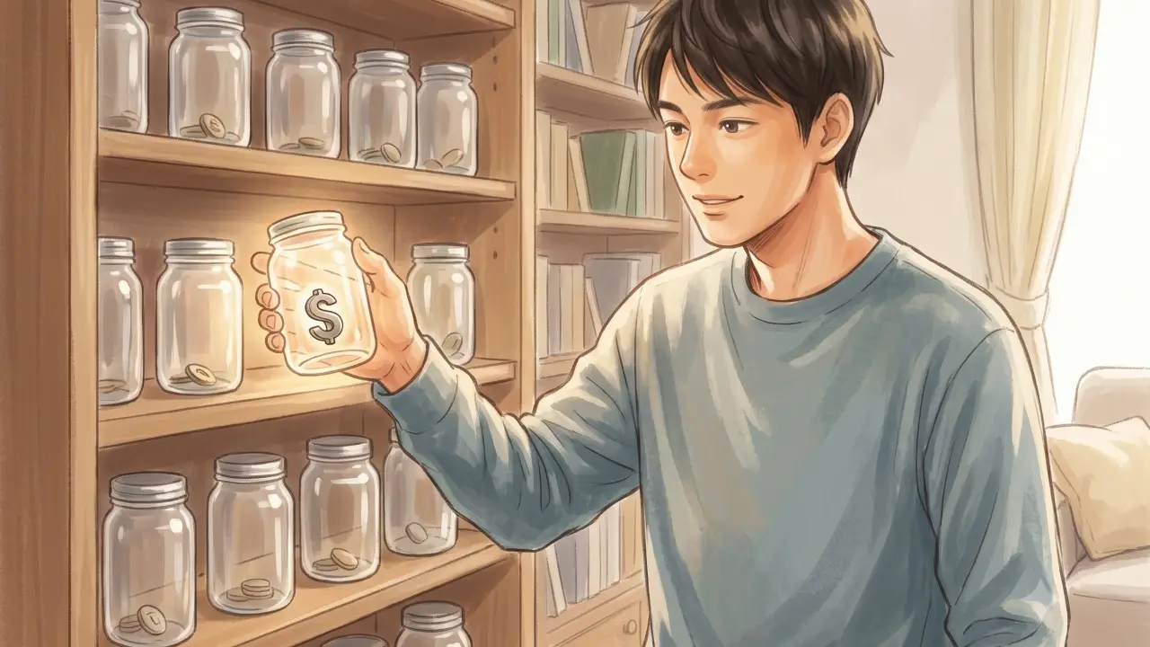 棚に整然と並んだ透明な瓶の中から1つを選んで手に取る日本人男性