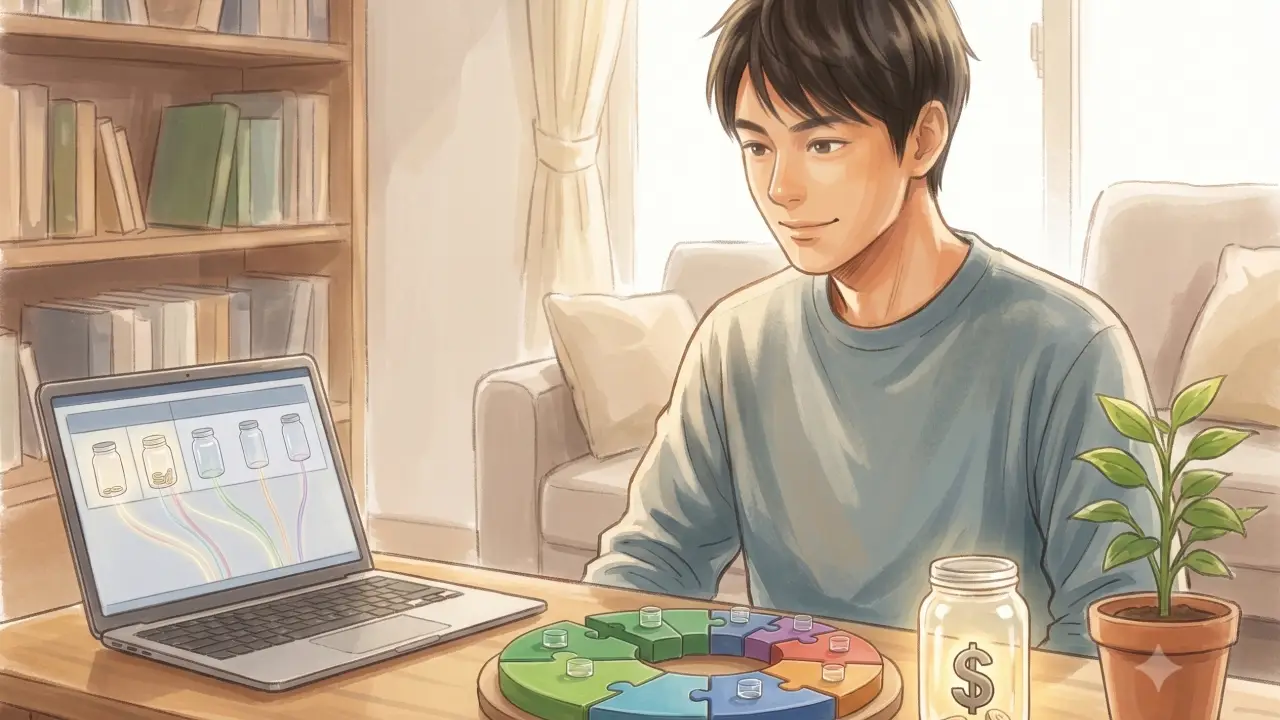机の上に並べた資料とノートPCを前に満足そうな表情を浮かべる日本人男性