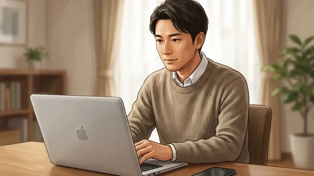 デスクの上にノートパソコンとスマートフォンを置き画面を見つめる日本人男性