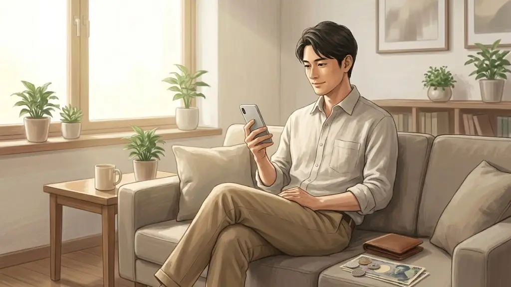 落ち着いたリビングでソファーに座りスマートフォンを眺める日本人男性