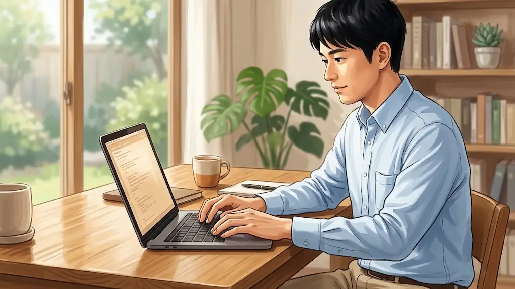 木製のデスクでノートPCのキーボードをタイピングする日本人男性