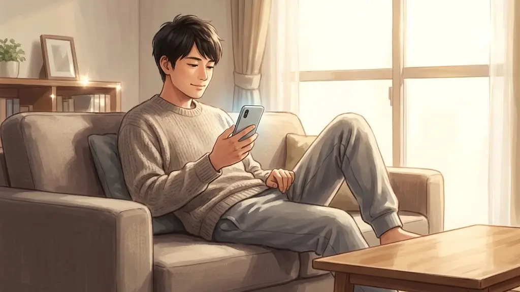 リビングのソファでくつろぎながらスマートフォンを操作する日本人男性