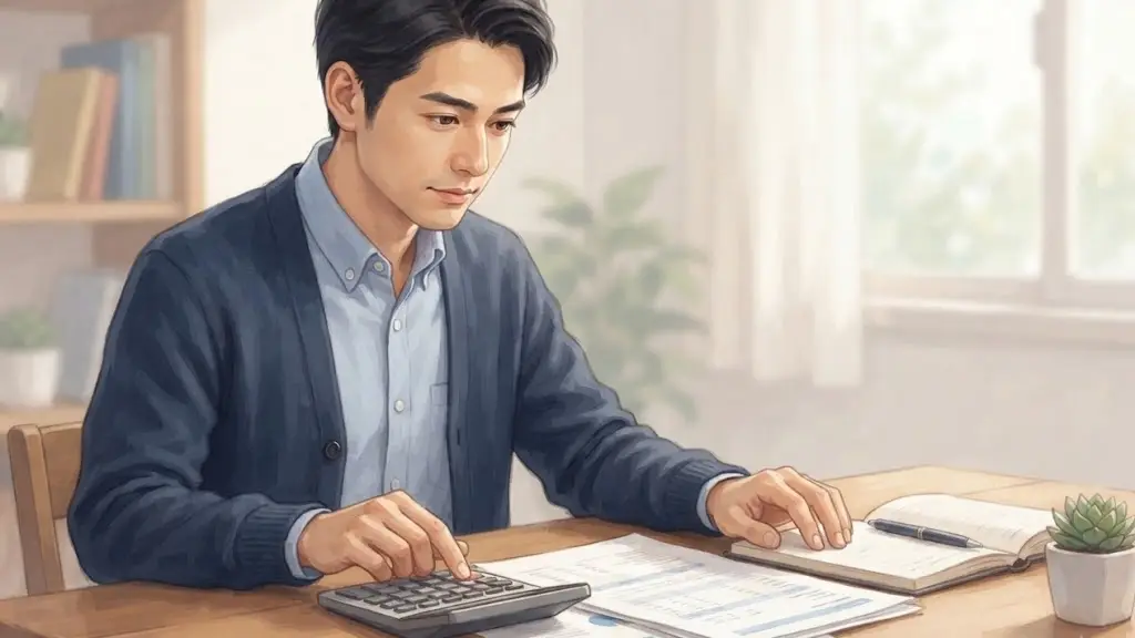 デスクの上で電卓を叩きながら手元の資料を確認している日本人男性