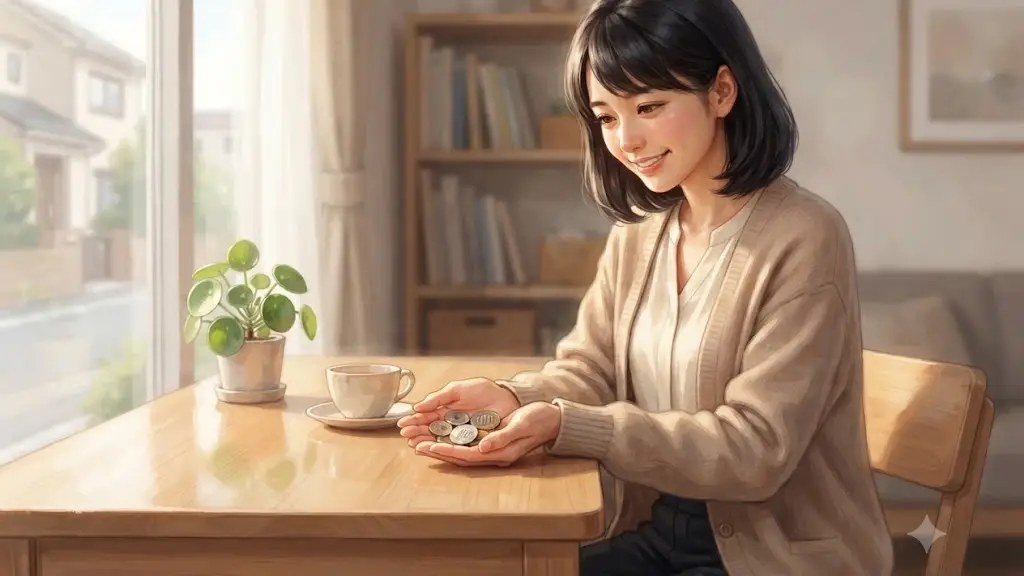 少額の小銭を手に持ち微笑むオフィスカジュアルの日本人女性