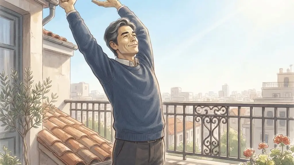 晴れた日にベランダで伸びをしてリフレッシュする日本人男性