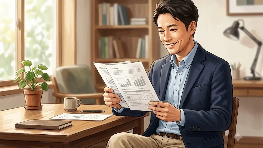 手元にある書類を読んで静かに微笑むオフィスカジュアル姿の日本人男性